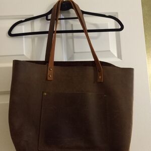 Classic Brown Leather Tote Bag with Front Pocket
